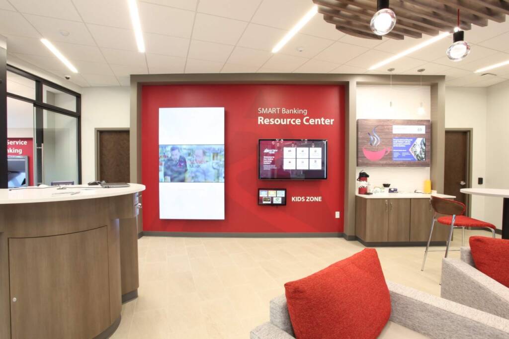 Ridge View Bank Salem branch with SMART Banking Resource Center, Kids Zone, digital displays, and coffee bar.