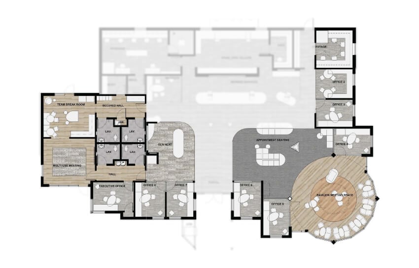 An architectural floor plan illustrating the design and arrangement of a spacious office building.