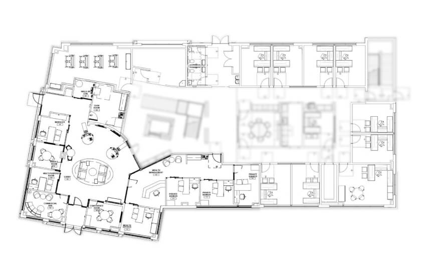 A detailed floor plan showcasing the layout of a large office building, including rooms and corridors.